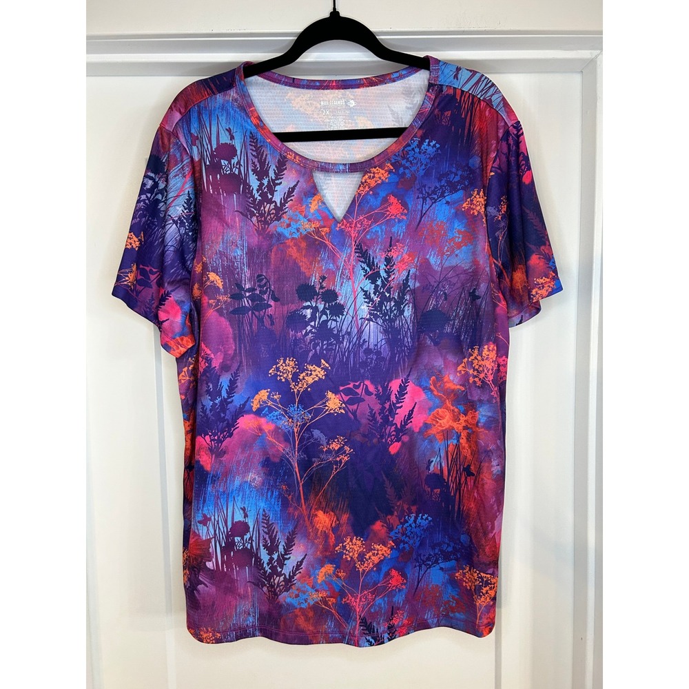 Reel Legends Freeline Womens 2X Purple Floral Performance Keyhole T-Shirt Tee